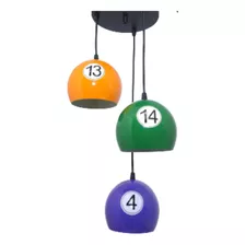 Lustre Pendente Bola Tripla Snooker Preta Roxo Laranja Barbe