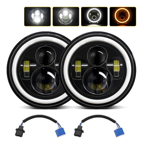 Par 7'' Faro H4 Led Redondo Ojo ngel Wrangler Jeep Vocho Jk Foto 2