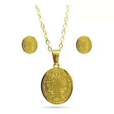 Set Joyeria Acero Inoxidable Dorado Medalla San Benito