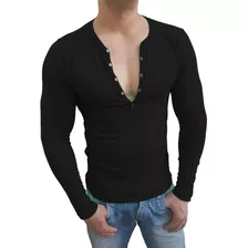 Camiseta Henley Camisa Slim Botão Básica Manga Longa Sjons 