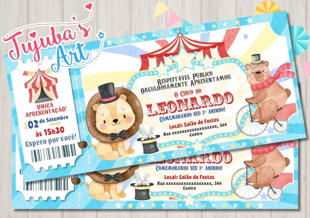 20 Convites Ingresso Aniversário Circo Aquarela Menino #3