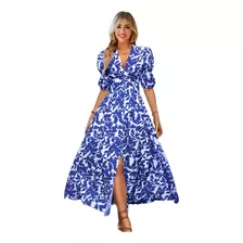 Maxi Vestido Floral Elegante Azul Rey Con Abertura En Pierna