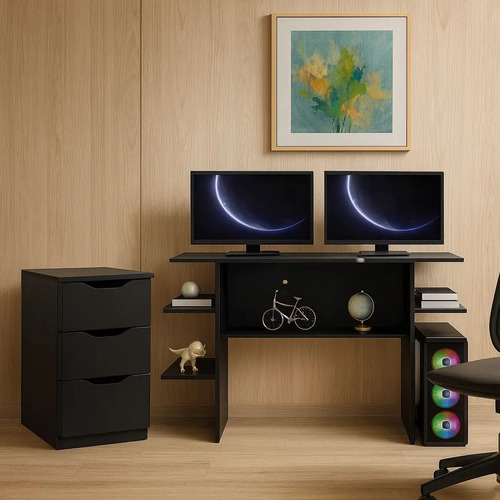 Kit Gaveteiro 3 Gavetas E Mesa Gamer P/jogos E Estudos Preto