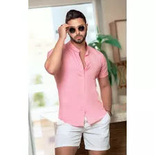 Camisa Gola Padre Slim Social Masculina Linho Premium Lisa