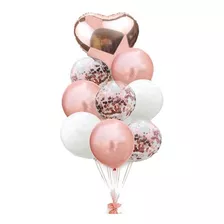 Kit Balão Hiperfesta Coração/confete/metálica/9un+peso/balão Cor Rose Gold