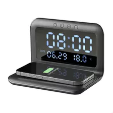 Relógio Digital Com Carregador Por Indução Termometro Data Cor Preto Bivolt