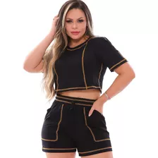 Short Com Bolso+blusa Manga Curta Confortavel Conjunto Lindo