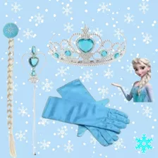 Kit Fantasia Elsa C/ Coroa Varinha Trança Par De Luvas