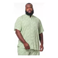 Camisa Plus Size Bigshirts Curta Viscose Padre Flor Verde