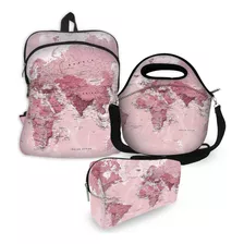 Kit Escolar Infantil Mochila + Lancheira + Estojo Mapa Rosa