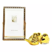 Kit Porta Retarto Metal 10x15 + 2 Pássaros Enfeite Cerâmica Cor Dourado Liso