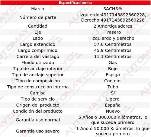 2) Amortiguadores Gas Traseros Sachs C320 2001-2005 Foto 2