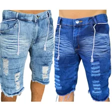 Kit 2 Bermudas Shorts Jeans Masculino Rasgada Barato 