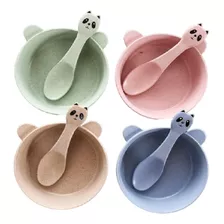 4 Kit Papinha Infantil Bebês Plástico Prato + Colher Panda