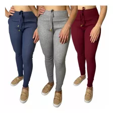 Kit 3 Calça Feminina Cintura Alta Inverno Ribana Canelada