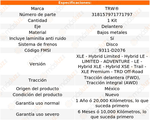 Balatas Bajos Metales Delanteras Toyota Rav4 2019/2020 Trw Foto 2