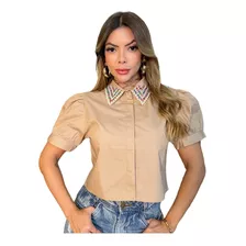 Blusa Feminina Em Perolinhas Cropped Camisa