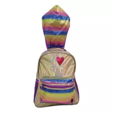 Mochila Escolar Casual Lentejuela Con Gorro Impermeable Gold