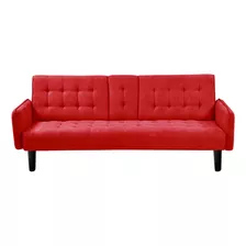 Sillon Sofa Cama Tapizado En Tela Con Patas De Madera Color Rojo