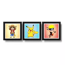 Kit 3 Quadros Anime Kids Luffy Pikachu Naruto Desenho Mangá