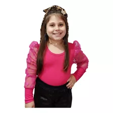 Blusa Infantil Manga Bufante Tule Mini Diva Modinha Novidade