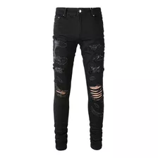 Jeans/pantalones De Serpiente Bordados Rotos Negros