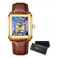 Reloj Mecánico Hueco De Cuero Cuadrado Chenxi Fondo Dorado/azul