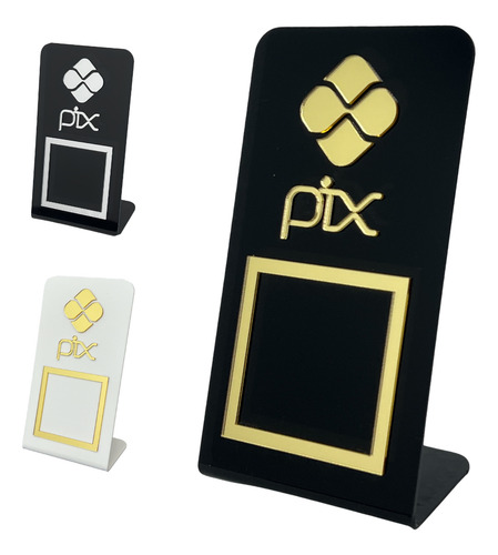 Placa Pix Qr Code Display Balcão Pagamentos Caixa Acrílico L Preto Com Detalhes Dourados