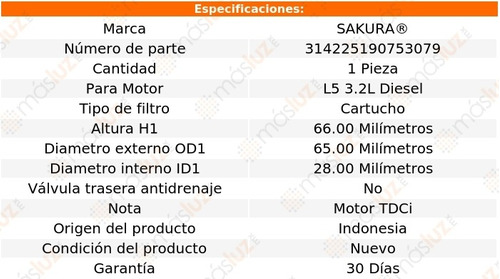 1) Filtro Aceite Ford Ranger 5 Cil 3.2l Diesel 17/20 Sakura Foto 2