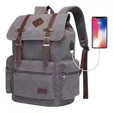 Mochila Vintage De Lona Para Laptop De 15.6 Y Usb-gris