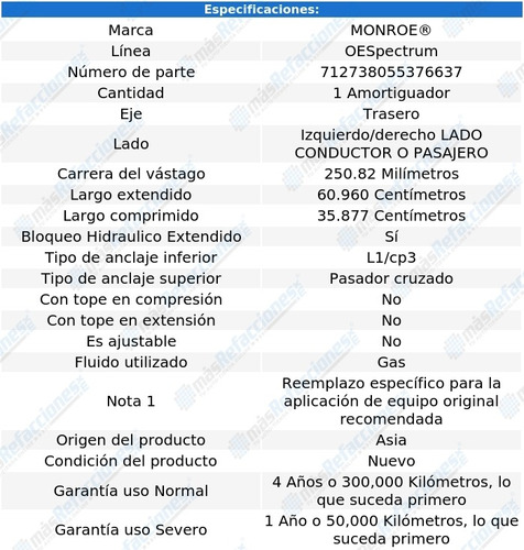 Amortiguador Oespectrum Gas Izq/der Tras Deville 71-76 Foto 3