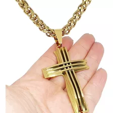 Cordão Grosso E Pingente Cruz Curvado Aço Folheado Ouro 18k 