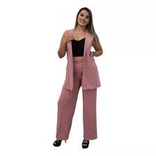 Traje De Chaleco Con Pantalon Ancho Y Detalle De Botones