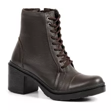 Bota Feminina Couro Cano Curto Coturno Marrom Salto Bloco 