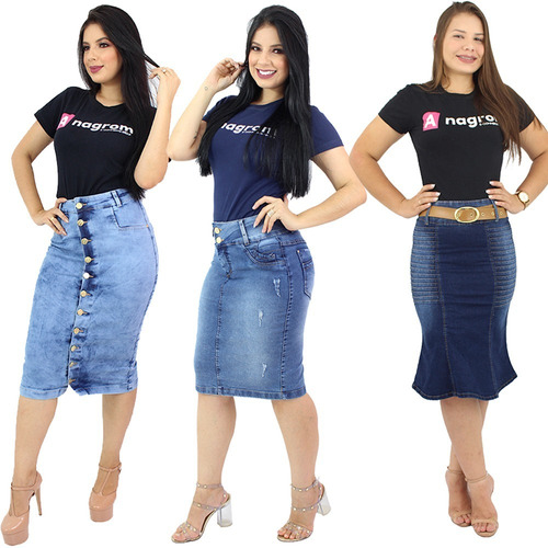 Kit Com 3 Saias Jeans Feminina Cintura Média Lycra 
