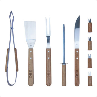 Kit Churrasco Inox Madeira 9 Pçs + Bolsa Utensílios Cozinha