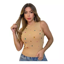 Top Cropped Feminina Gola Alta Canelada Com Strass