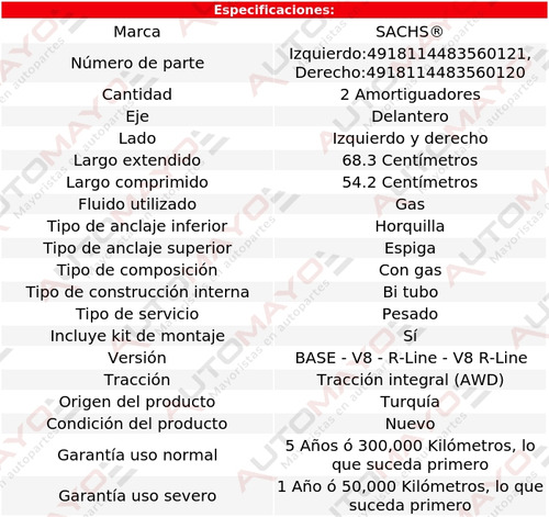 2 Amortiguadores Gas Del Sachs Touareg V8 4.2l 11-17 Foto 2