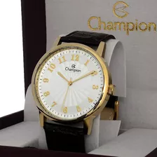 Relógio Champion Masculino Dourado Couro Prova D'agua Nf