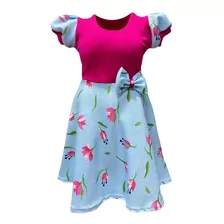 Vestido Infantil Manga Curta Bufante E Laço Moda Kids 