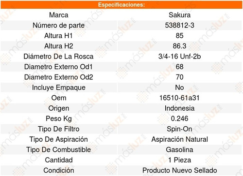 Filtro Aceite Suzuki Vitara L4 1.6l 16_16 Sakura 8639178 Foto 2