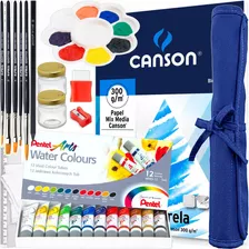 Kit Pintura Tinta Aquarela + Papel Canson A4 + Pinceis E Mt+