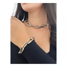 Colar Feminino + Pulseira Elos Grandes Prateado Alto Padrão 