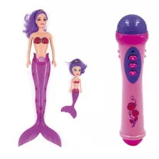 Boneca Sereia Com Luz + Microfone Infantil Brinquedo Meninas