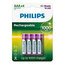 4 Pilhas Recarregável Palito Philips Aaa 1000mah Hr03 Nfe