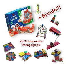 Kit Blocos Engenheiro + Brinquedo Pedagógico Madeira + Brind