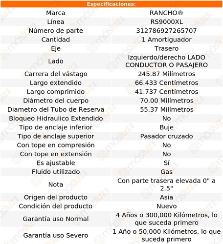 (1) Amortiguador Rs9000xl 66.433 Cm Izq/der Tra Navajo 91/94 Foto 3