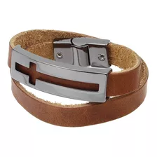 Bracelete De Couro Marrom Duas Voltas Masculino Detalhe Cruz