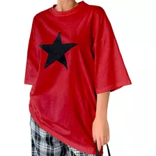 Camiseta Oversized Feminina Estampada Adesivo Estrela Básica