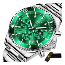 Reloj De Cuarzo Cronógrafo Luminoso De Lujo Olevs Color Del Fondo Verde Plata